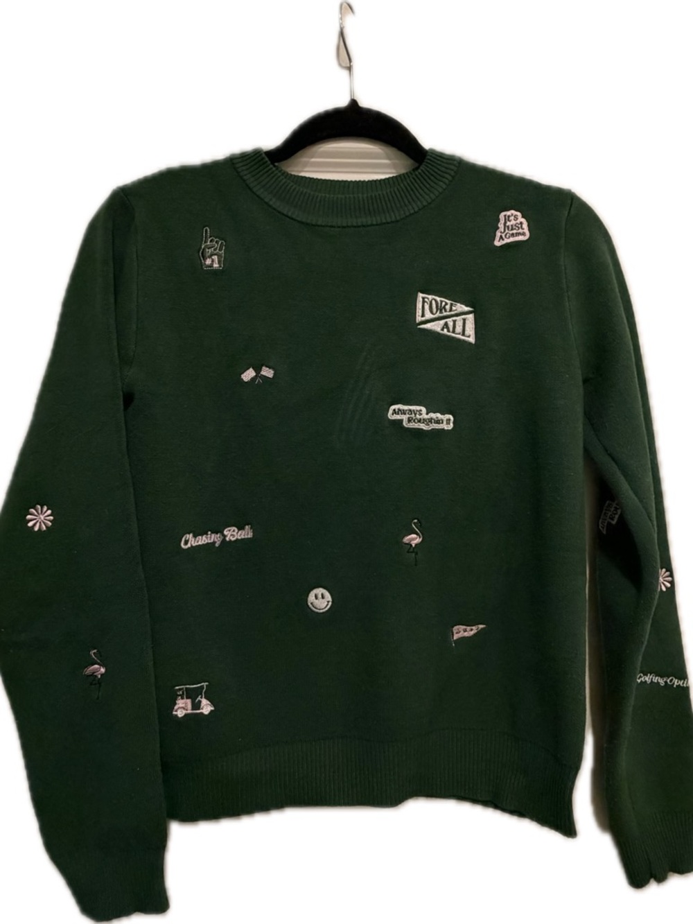 Women's Dark Green Embroidered Patch Crewneck Sweater